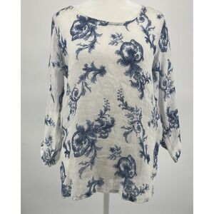 L'Ago Italian 100% Linen Top Sz M White Floral 3/4 Sleeve Sheer Elegant Beach